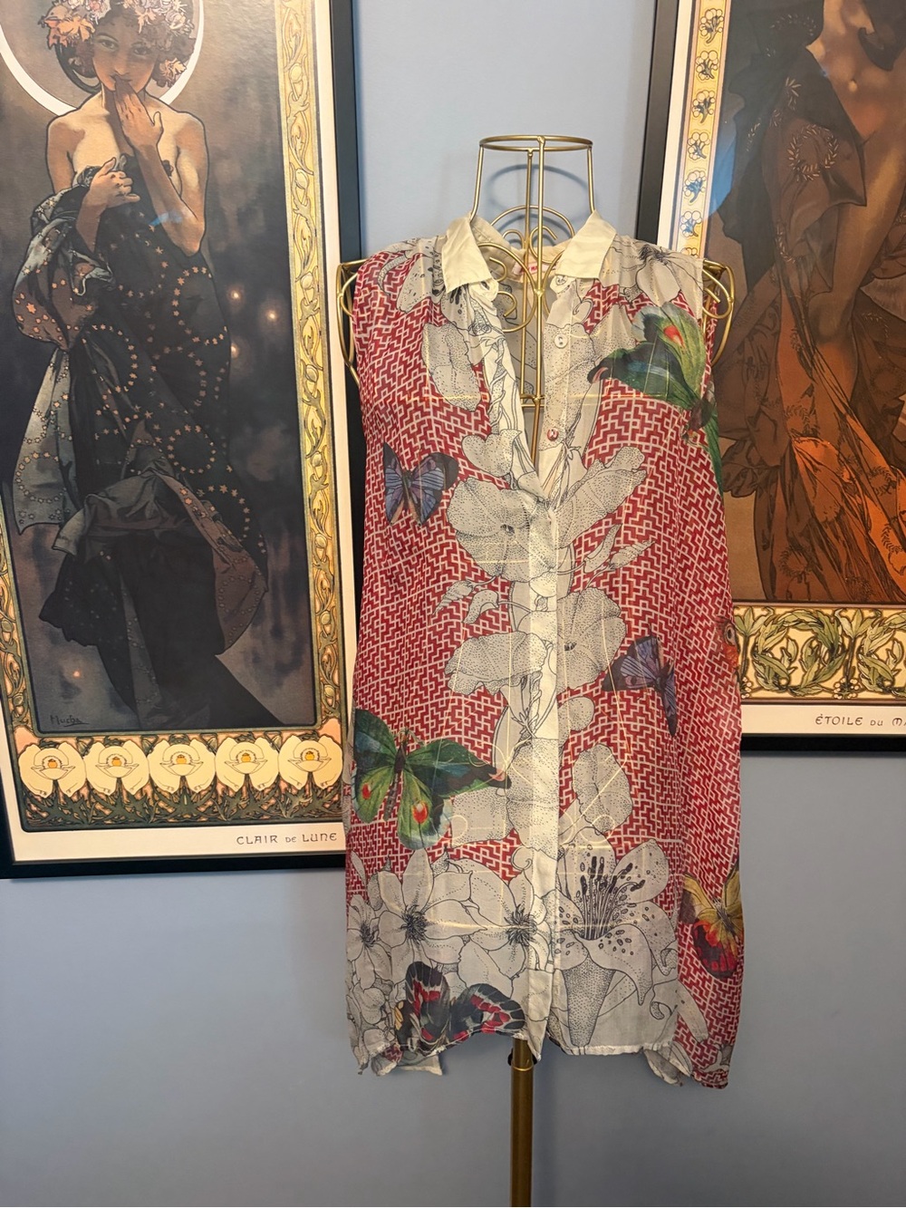 Johnny Was Sleeveless Silk Floral & Butterfly Red Printed Tunic Top